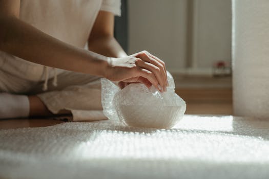 pexels photo 4568699 4568699 Close-up of hands wrapping an object in bubble wrap for safety during a move.